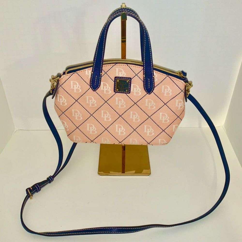 Dooney and Bourke mini peach and blue signature canvas satchel crossbody